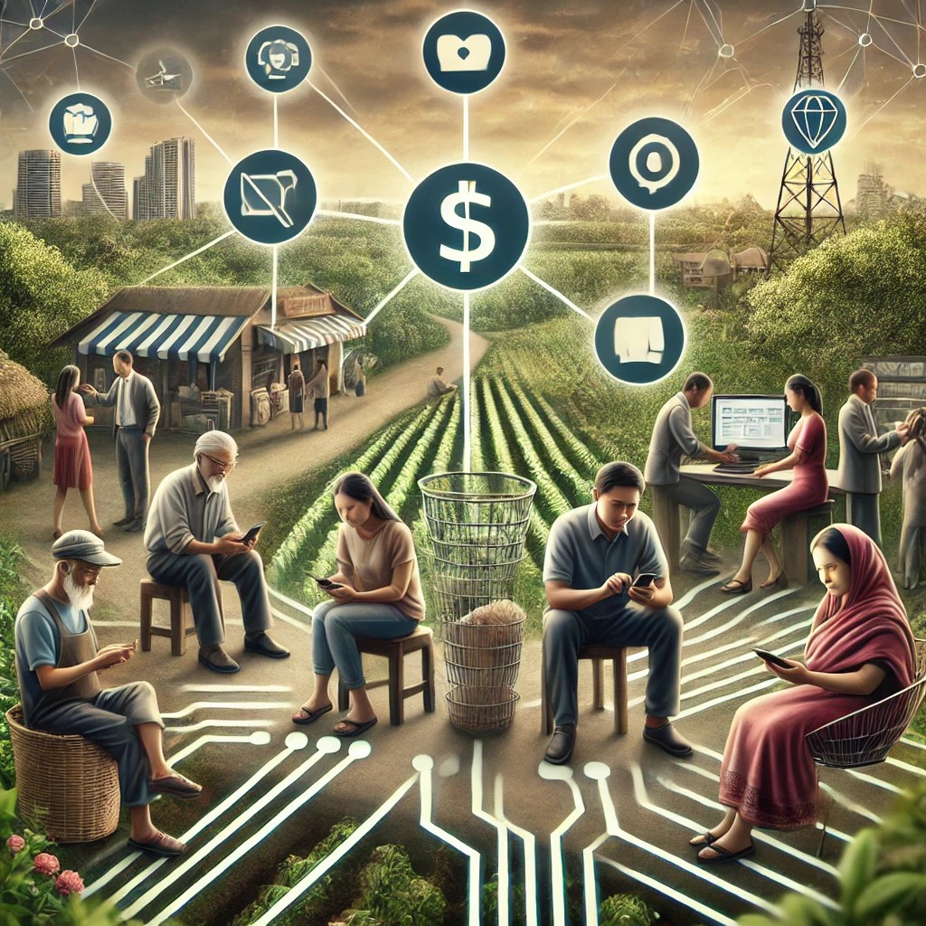 DALL·E 2024-08-16 23.48.34 - An image depicting the role of fintech in promoting financial inclusion in developing economies. The scene includes a diverse group of people using mo