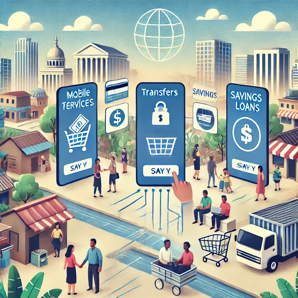 DALL·E 2024-08-16 23.48.36 - An image illustrating the benefits of fintech in developing economies, focusing on mobile payments and digital banking. The scene includes mobile apps