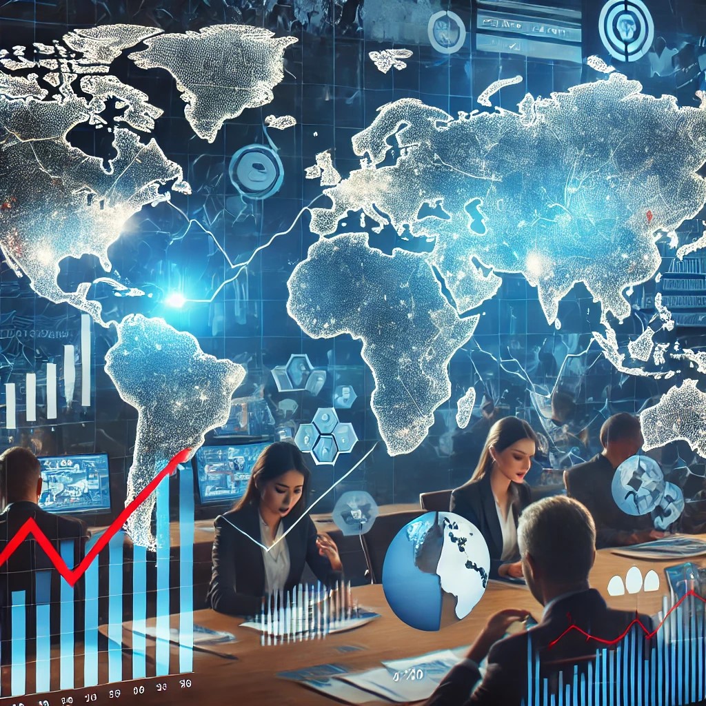 DALL·E 2024-08-16 23.45.31 - An image illustrating the impact of geopolitical tensions on global investment strategies. The scene includes a world map with highlighted regions of 