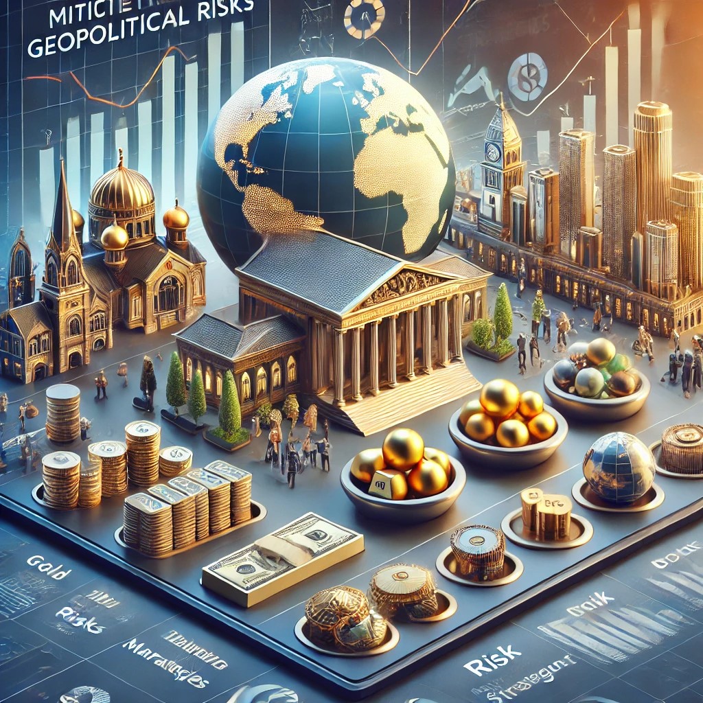 DALL·E 2024-08-16 23.45.33 - An image showing the strategies investors use to mitigate geopolitical risks. The scene includes a diversified investment portfolio with different ass