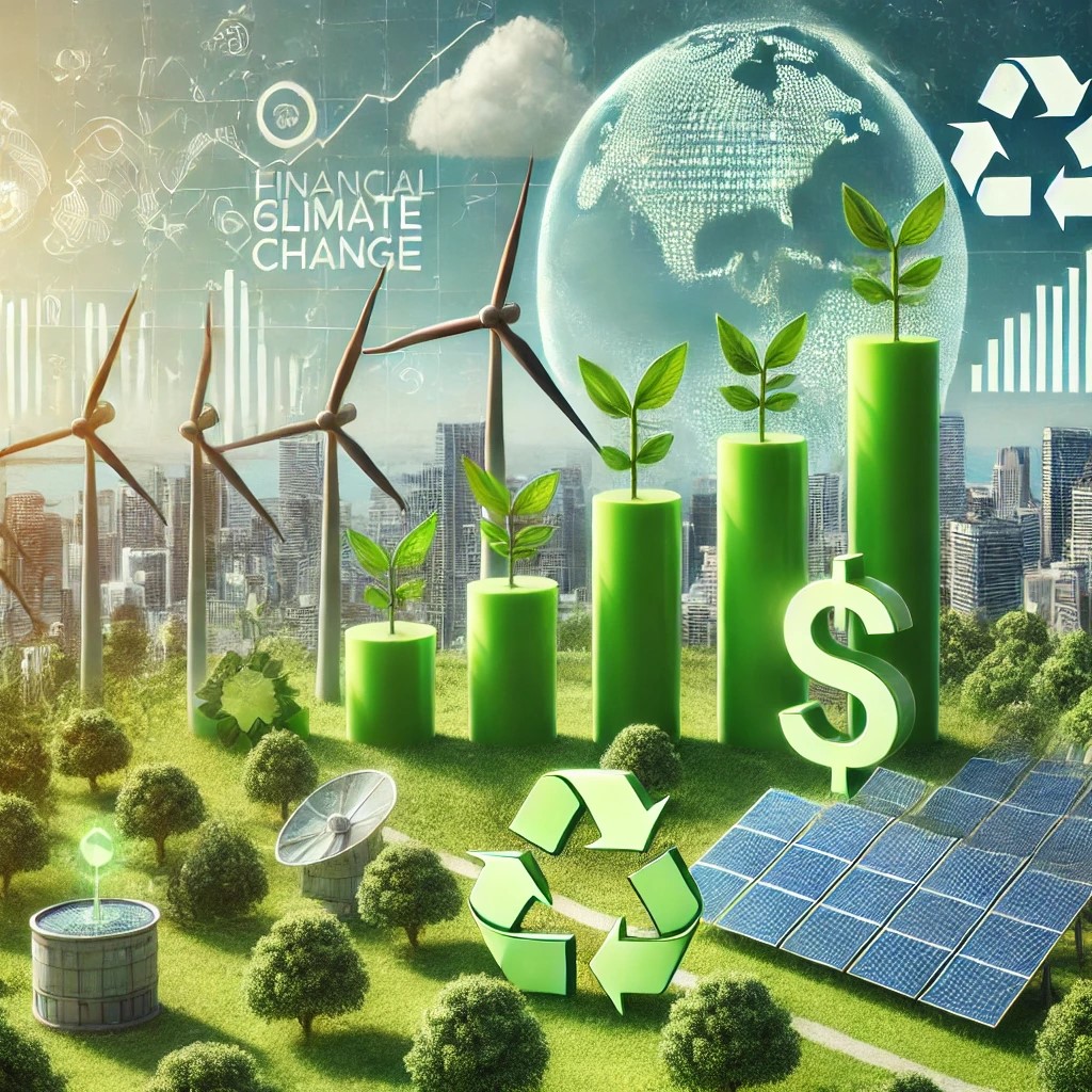 DALL·E 2024-08-16 23.38.32 - An image illustrating the financial opportunities from climate change. The scene includes renewable energy sources like wind turbines and solar panels