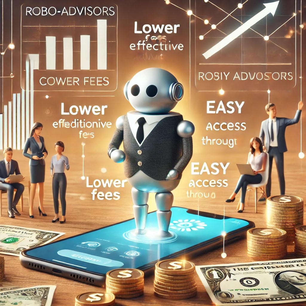 DALL·E 2024-08-16 23.35.42 - An image showing the benefits of robo-advisors, focusing on cost-effectiveness and accessibility. The scene includes a comparison of traditional finan