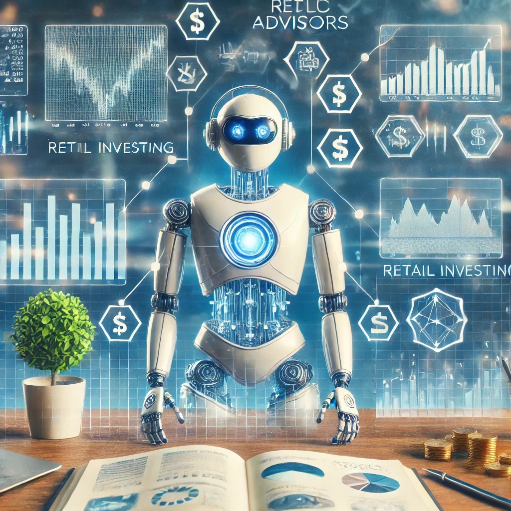 DALL·E 2024-08-16 23.35.41 - An image depicting the concept of robo-advisors in retail investing. The scene includes a robotic figure or digital interface managing a diversified p