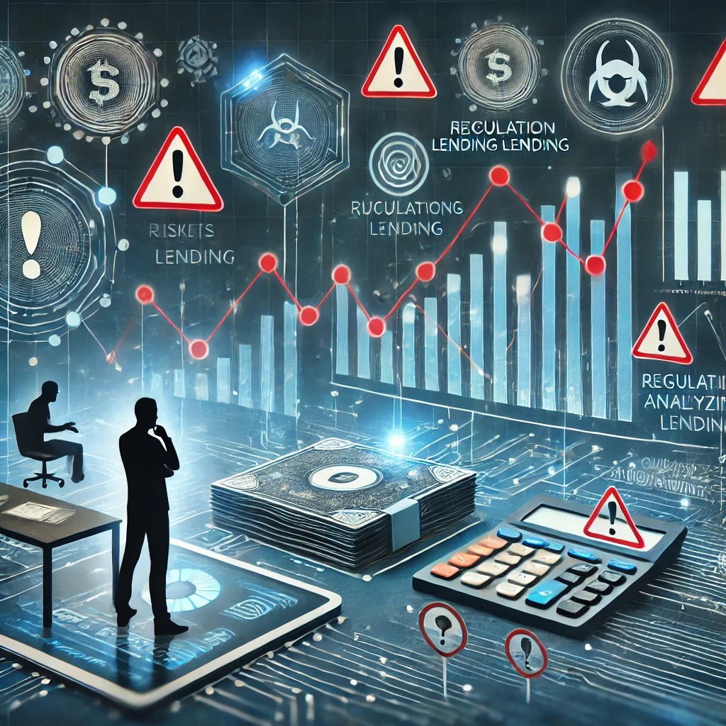 DALL·E 2024-08-16 23.23.58 - An image depicting the risks and challenges of peer-to-peer lending. The scene shows a digital platform with warning symbols, fluctuating graphs, and 