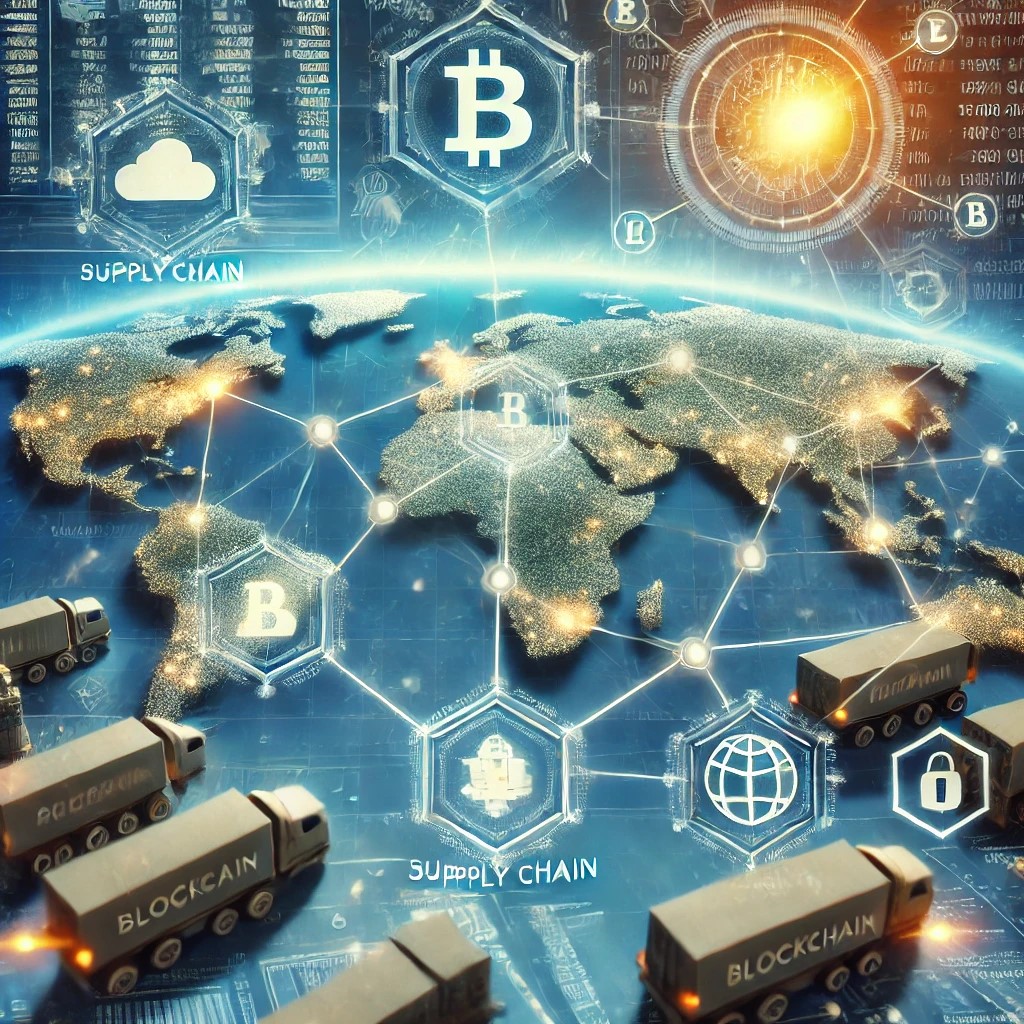 DALL·E 2024-08-16 23.32.27 - An image showing the integration of blockchain technology in supply chain finance. The scene includes digital chains connecting various points in a gl