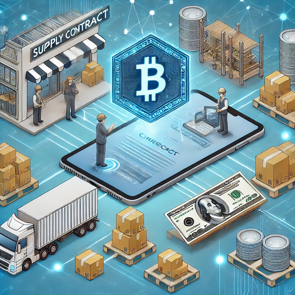 DALL·E 2024-08-16 23.32.28 - An image illustrating smart contracts in blockchain for supply chain finance. The scene includes a digital contract on a blockchain platform, with goo