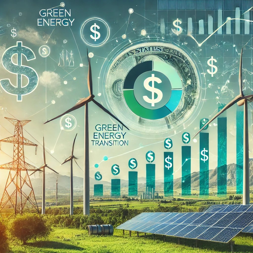 DALL·E 2024-08-16 23.28.51 - An image showing the financial implications of the green energy transition. The scene features renewable energy sources like wind turbines and solar p