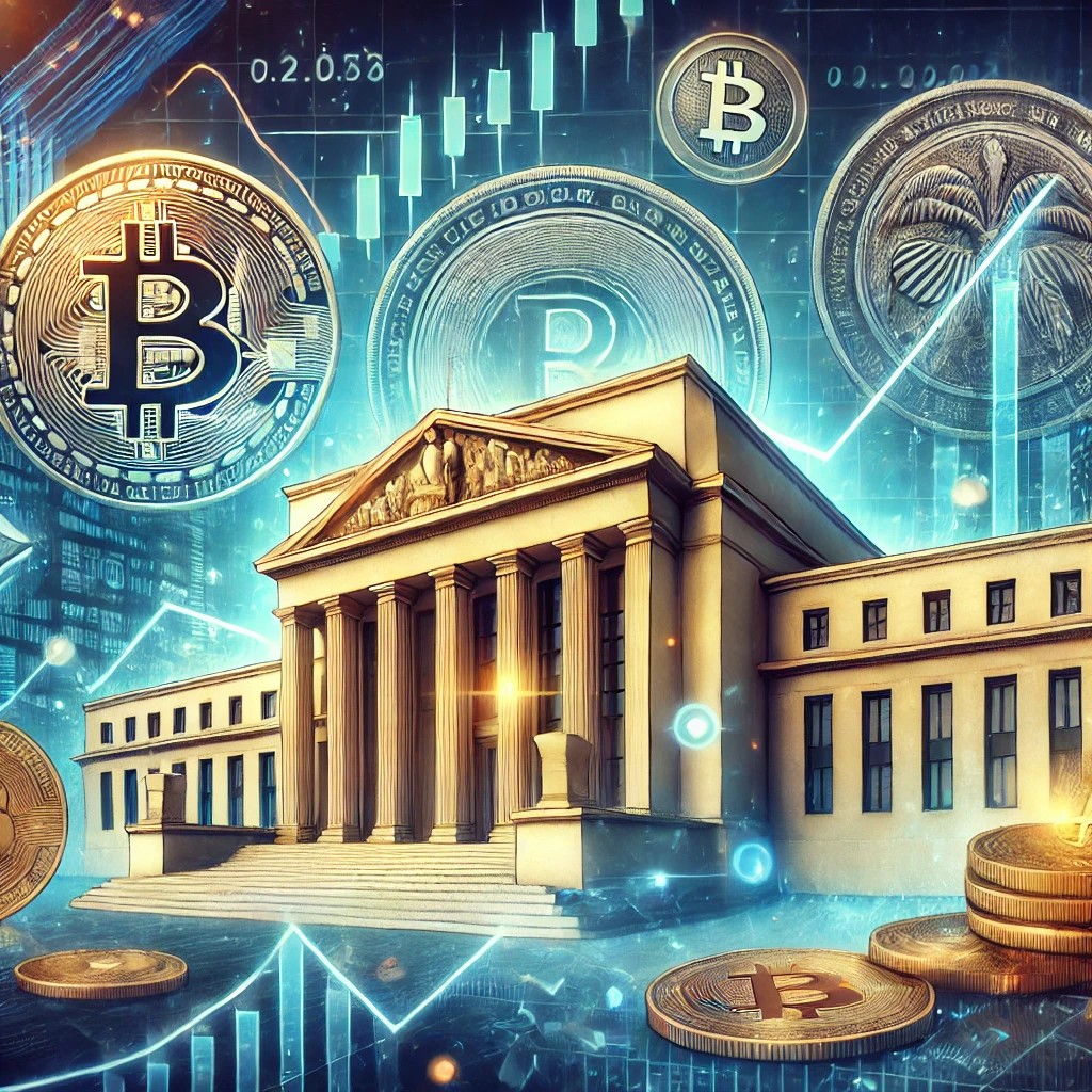 DALL·E 2024-08-16 23.20.57 - A detailed image showing the concept of central banks managing cryptocurrency volatility. The scene features a central bank building with digital curr