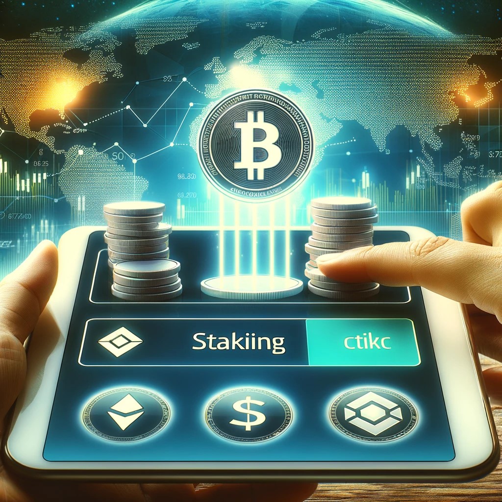 DALL·E 2024-08-16 23.18.24 - A picture representing the rise of cryptocurrency staking platforms. The scene features a user-friendly interface of a popular staking platform on a d