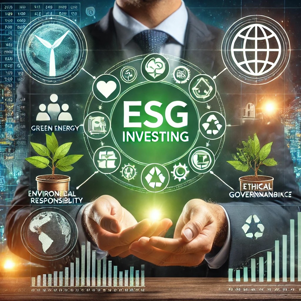 DALL·E 2024-08-16 23.13.28 - An image illustrating the concept of ESG investing, with a financial advisor analyzing a portfolio focused on environmental, social, and governance fa