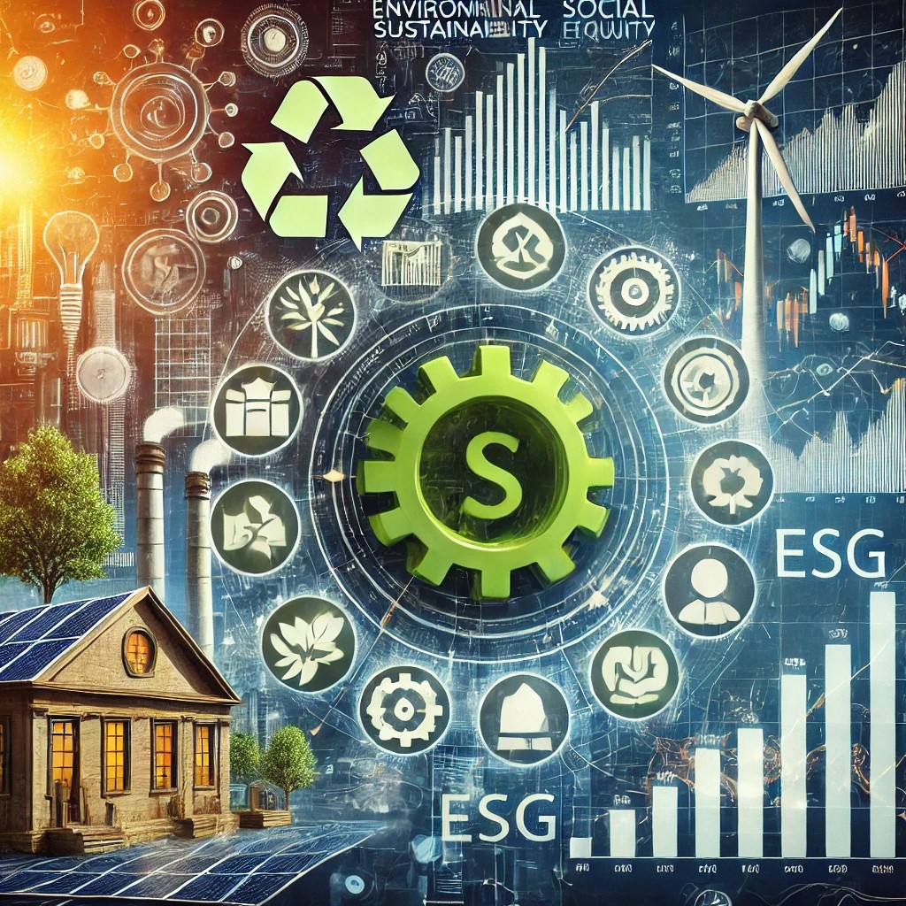 DALL·E 2024-08-16 23.13.27 - An image showing the impact of sustainable investing, with symbols like a green energy project, eco-friendly buildings, and financial charts represent