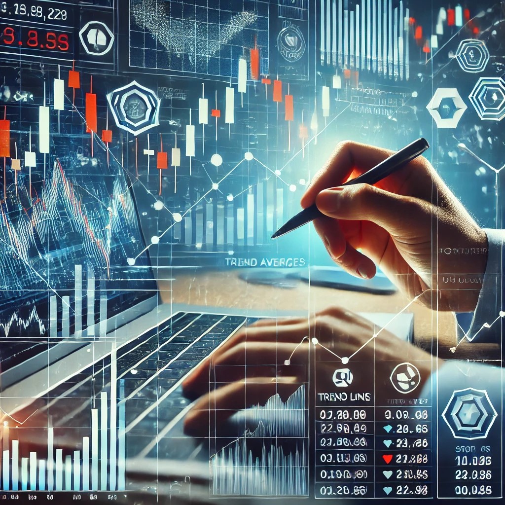 DALL·E 2024-08-16 23.03.25 - An image illustrating the use of technical analysis in financial markets, with a financial analyst studying candlestick charts, trend lines, and movin