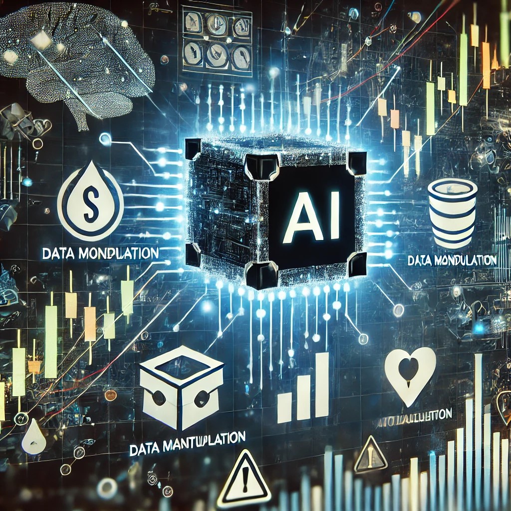 DALL·E 2024-08-16 23.08.50 - An image depicting the risks of AI in financial market predictions, with symbols like a black box, data manipulation, and market volatility. The backg