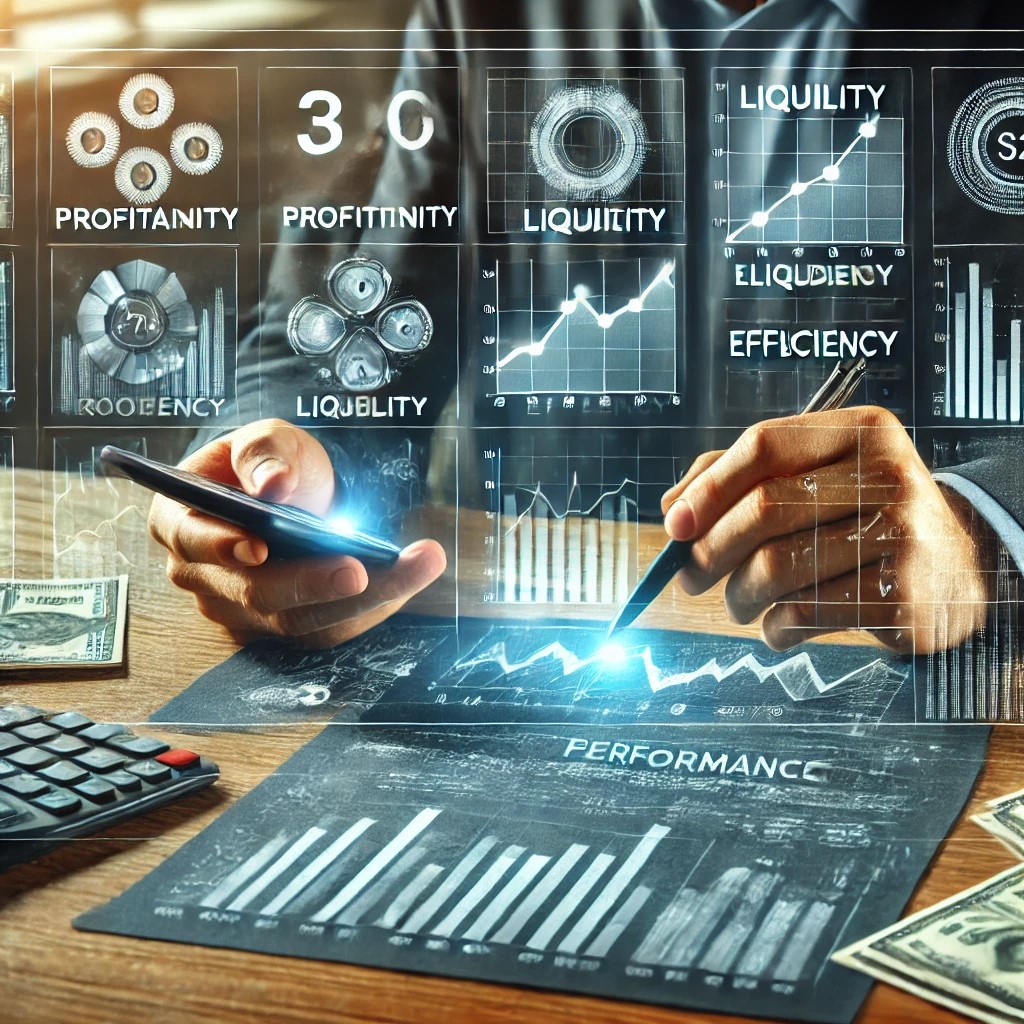 DALL·E 2024-08-16 21.57.23 - An image showing a financial analyst reviewing key performance indicators (KPIs) on a digital dashboard, with charts and graphs depicting profitabilit