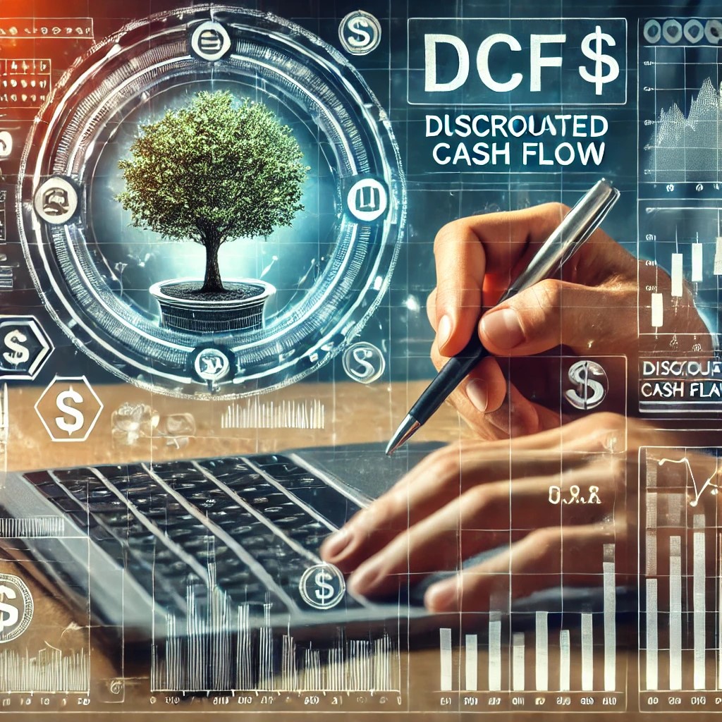 DALL·E 2024-08-16 21.57.25 - An image illustrating the use of discounted cash flow (DCF) analysis in financial evaluation, with a financial analyst calculating future cash flows o