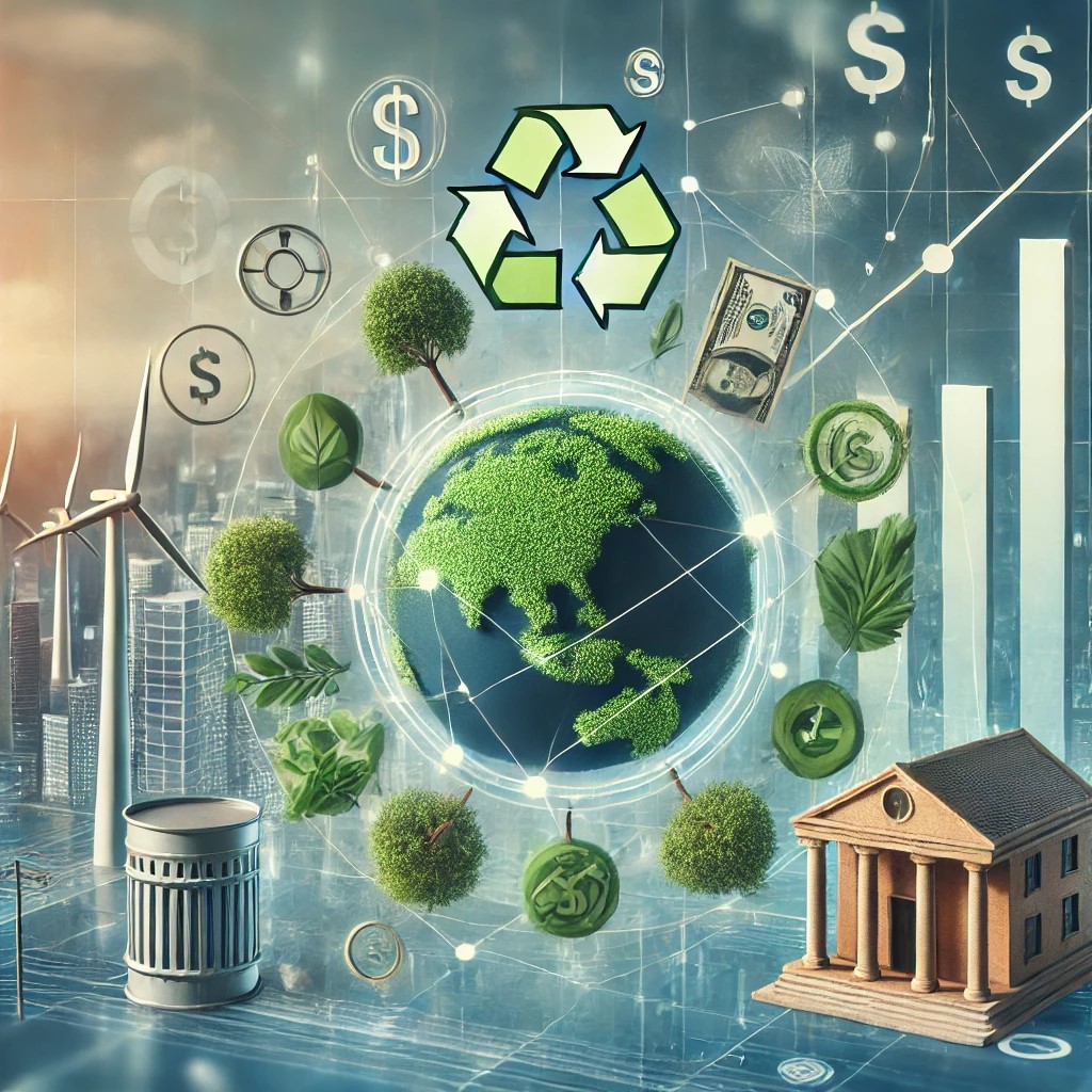 DALL·E 2024-08-16 22.38.22 - An image illustrating the role of financial institutions in promoting sustainable development. The image includes elements such as green energy projec