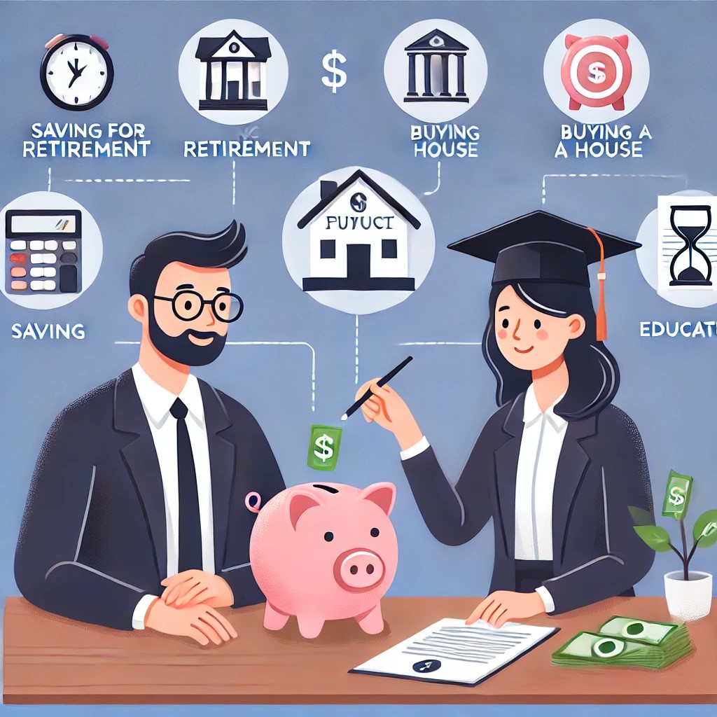 DALL·E 2024-08-16 22.34.27 - An image showing a financial planner working with a client who has diverse financial priorities, such as saving for retirement, buying a house, and in