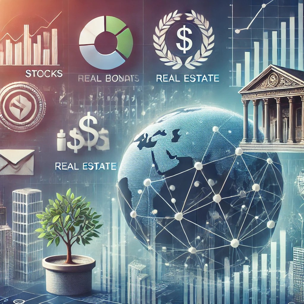 DALL·E 2024-08-16 22.34.29 - An image illustrating the concept of diversified investment, with symbols like stocks, bonds, real estate, and sustainable investments. The background