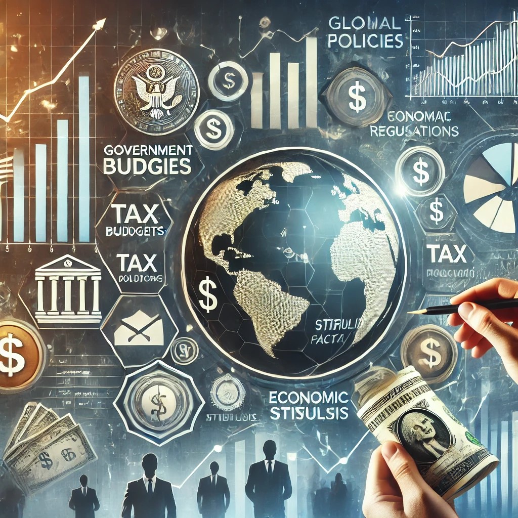 DALL·E 2024-08-16 22.16.51 - An image illustrating the role of fiscal policies in global financial markets, with symbols such as government budgets, tax regulations, and economic 